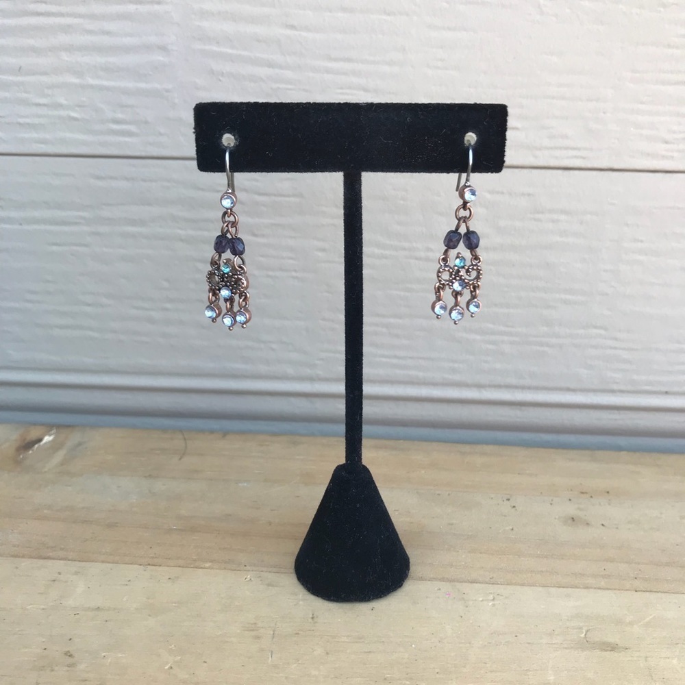 Bronze tone & blue bead chandelier earrings